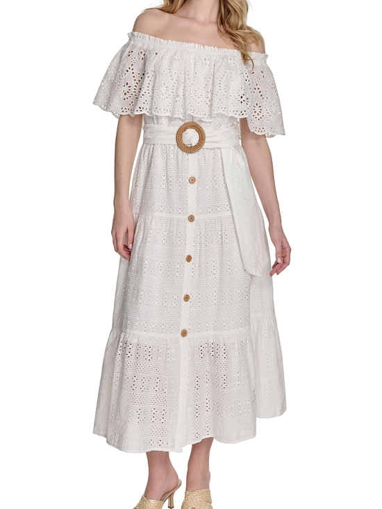 Eliza J Dresses & Skirts - Eliza J Ivory White Off-Shoulder Eyelet Boho Cotton Midi Long Dress Belted Sz 4